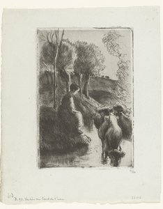 Bergère avec vaches au bord de l