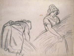 Étude de deux moissonneuses, 1882 (craie noire sur papier rose avec blanc) - Camille Jacob Pissarro