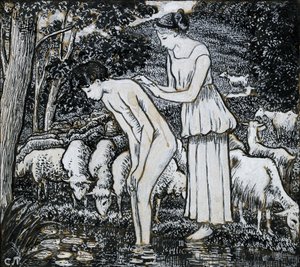 Chloé lavant Daphnis à un ruisseau, étude de composition pour une illustration, vers 1895 - Camille Pissarro