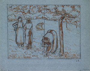 Étude compositionnelle de quatre paysannes travaillant dans un verger 
