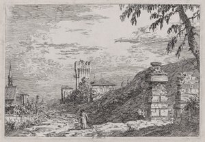 Paysage avec Tour et Deux Piliers en Ruine, de la série Vedute - Canaletto (Giovanni Antonio Canal)