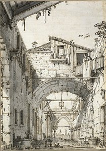 Capriccio: Une rue traversée par des arches (recto) Esquisses de porte, escalier et deuxième étage de bâtiment (verso) - Canaletto