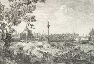 Vue imaginaire de Padoue, avec un campanile et une église à dôme à gauche, une colonne surmontée, 1735-46 - Canaletto