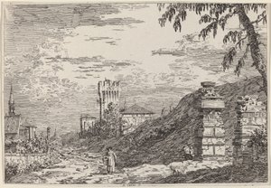 Paysage avec tour et deux piliers en ruine - Canaletto