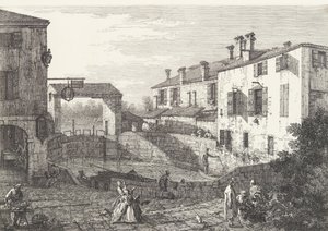Les Écluses à Dolo, un bassin ovale avec des bateaux au centre, des bâtiments de chaque côté,..., 1735-46