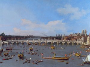 Pont de Westminster, avec la procession du maire sur la Tamise - Canaletto