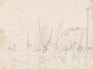 Croquis de bateaux échoués et de cottages sur pilotis, Hastings