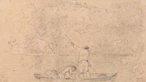 Croquis de deux hommes dans un bateau et une maison sur le rivage