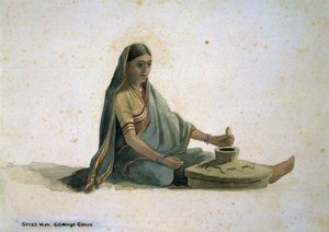 La femme du Syce, moulant du grain, Inde