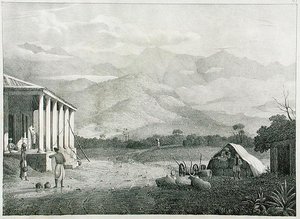 Le Pass de Seremoogy, ou Streemoogy, montagnes de Neelgherry, planche 1 de View of the Neilgherries, or Blue Mountains of Coimbetoor, Southern India par le capitaine McCurdy, publié en 1830 - Captain E. A. after McCurdy