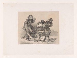 Trois hommes en combat piétinent un Turc