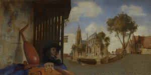 Vue de Delft avec un stand de vendeur d