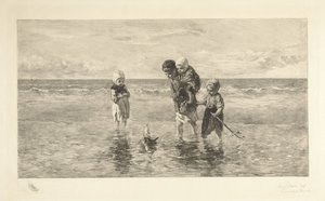 Quatre enfants jouant avec un bateau jouet sur la plage - Carel Lodewijk Dake