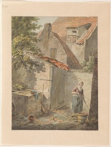 Cour avec une servante qui nettoie - Carel Lodewijk Hansen