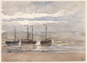 Bateaux de pêche sur la plage de Katwijk à marée montante
