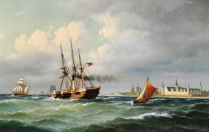 Danish : Seascape off Kronborg with numerous ships and a pilot boat Seascape off Kronborg with numerous ships and a pilot boat - Carl Bille