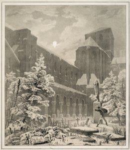 Église et cimetière dans la neige au clair de lune