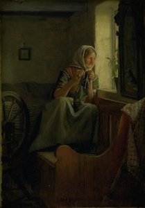 Une vieille paysanne regardant par une fenêtre