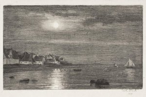 Paysage côtier à Hellebæk. Clair de lune