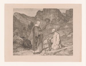 Twee monniken bij een gesnoeide boom in een berglandschap - Carl Friedrich Lessing