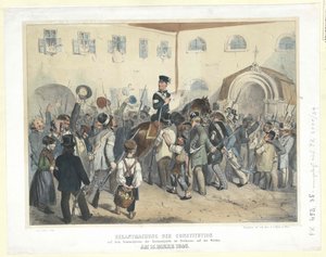 Proclamation de la Constitution sur le lieu de réunion de la Garde nationale dans la Freihaus (Maison libre) le 15 mars 1848 - Carl Goebel