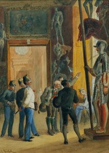 Officiers autrichiens et deux Tyroliens visitant la collection Ambras au Belvédère inférieur