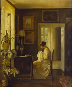 Intérieur avec une femme cousant