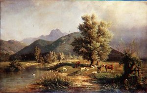 Paysage montagneux boisé avec chevaux et moutons