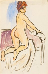 Femme nue reposant à genoux sur un lit