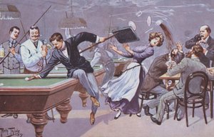 Scène comique dans une salle de billard