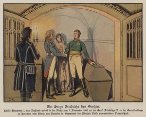 Le tsar Alexandre Ier de Russie visitant la tombe de Frédéric le Grand à Potsdam avec le roi Frédéric-Guillaume III et la reine Louise de Prusse et jurant son amitié indéfectible, 5 novembre 1805
