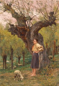 French : Jeune fille debout devant un saule