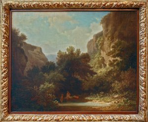 Paysage montagneux rocheux avec nymphes se baignant