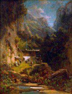 Moulin dans une gorge boisée avec une figure
