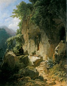 Ermite jouant de la musique devant sa grotte