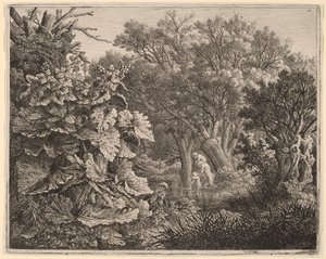 Paysage avec de grandes feuilles et trois satyres
