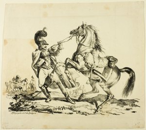 Cuirassier à pied retenant son cheval cabré - Carle Vernet