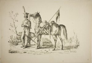 Lancier à pied marchant à côté de son cheval - Carle Vernet