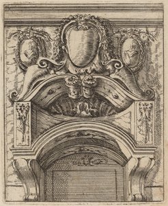 Motif architectural avec trois boucliers, deux avec figures - Carlo Antonio Buffagnotti