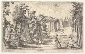 Vue avec un homme en turban et un lion à droite, tentes et architecture classique - Carlo Antonio Buffagnotti