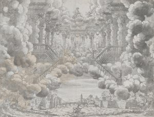 Décor de scène avec des figures allégoriques sur un escalier, de 