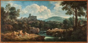 Paysage avec rivière, travailleurs en habits antiques et un village