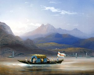 Lac de Côme. Un bateau. En arrière-plan, on peut voir le mont Groma, vers 1830. Peinture de Bossoli. Côme, collection privée.