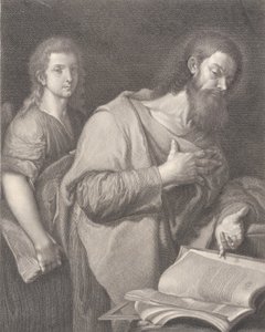 Saint Matthieu, debout devant un livre à droite avec une main sur sa poitrine, un autre homme derrière, 1750-84 - Carlo Faucci