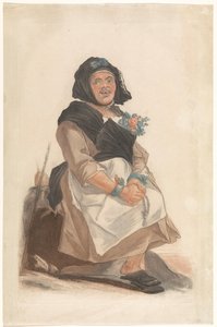 Homme déguisé en femme avec un chapelet, assis