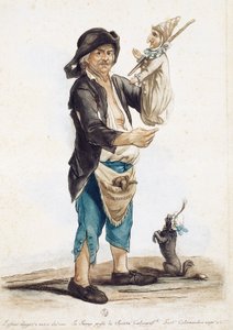 Marionnettiste Pierannizzi, dessin et gravure en couleur par Carlo Lasinio, Italie