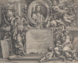 Frontispice avec portrait ovale de Raphaël, avec trois figures allégoriques des Arts, 1675 - Carlo Maratti