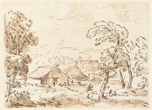 Habitation paysanne et château dans une campagne montagneuse