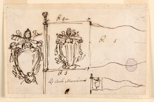 Dessin, Trois esquisses pour un étendard du pape Benoît XIV, 1740-58 - Carlo Marchionni