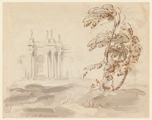 Dessin, arbre dans un paysage avec un bâtiment, 1756-78 - Carlo Marchionni